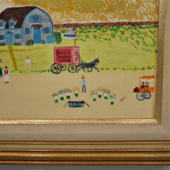 Primitive Americana Vintage Art Naif Folk Art BHC Signed Canvas Painting Naive - Picture 8 of 10